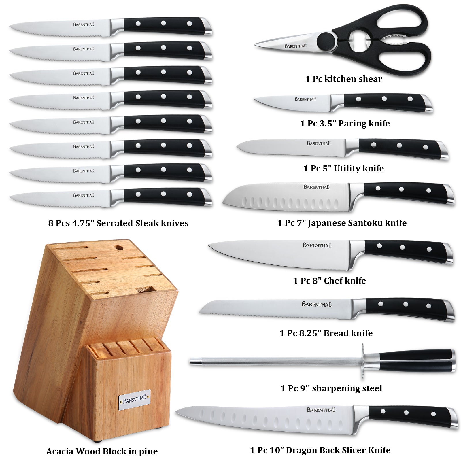 Barenthal Knife Set with Block and Sharpener-17pcs